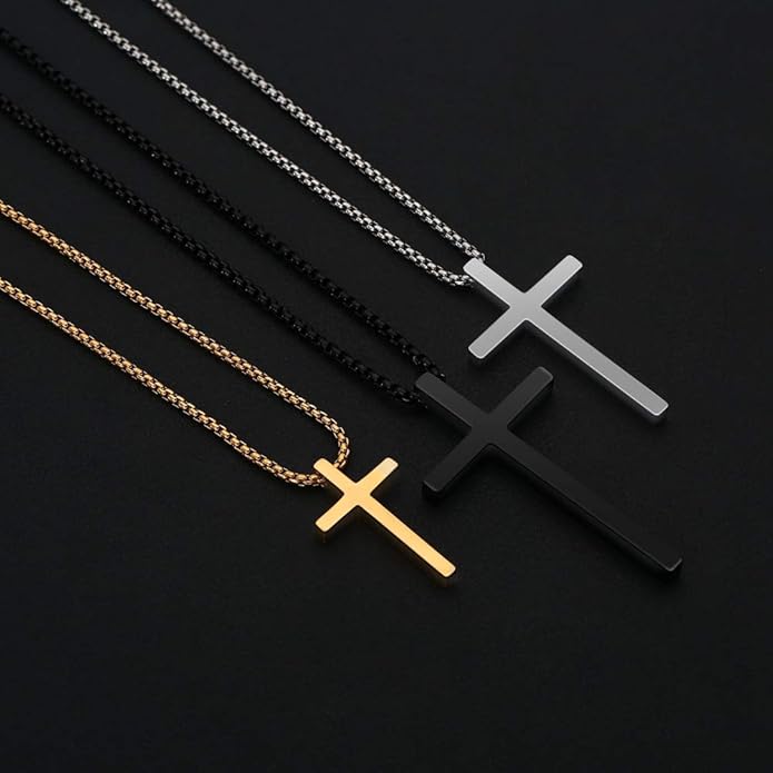 M MOOHAM Cross Necklace for Men, Silver Black Gold Stainless Steel Plain Cross Pendant Necklace for Men Box Chain 16-30 Inch