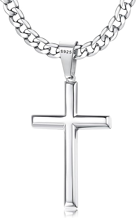 Besteel 925 Sterling Silver Cross Necklace Beveled Edge for Men Women 5mm Stainless Steel Diamond Cut Durable Cuban Link Curb Chain Crucifix Pendant Necklace Jewelry 16-30 Inches
