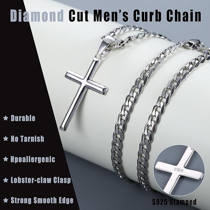 Besteel 925 Sterling Silver Cross Necklace Beveled Edge for Men Women 5mm Stainless Steel Diamond Cut Durable Cuban Link Curb Chain Crucifix Pendant Necklace Jewelry 16-30 Inches