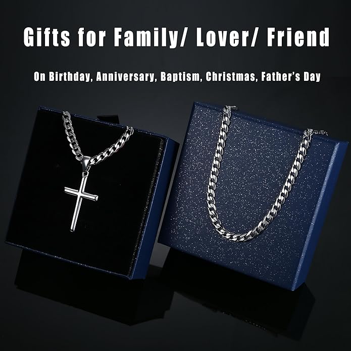 Besteel 925 Sterling Silver Cross Necklace Beveled Edge for Men Women 5mm Stainless Steel Diamond Cut Durable Cuban Link Curb Chain Crucifix Pendant Necklace Jewelry 16-30 Inches